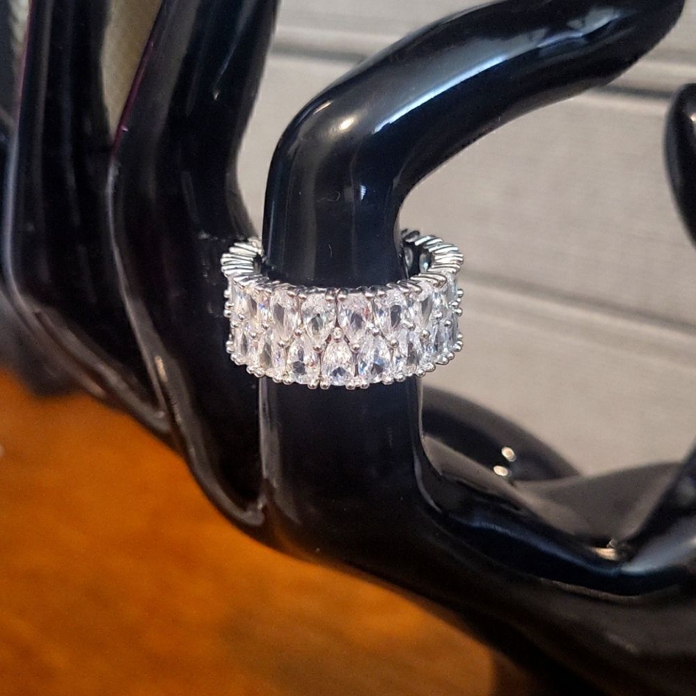 High-end double water drop shape zircon ring, stainless steel band
